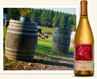 Photo of a bottle of wine and wine barrels